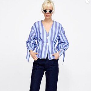 Zara Small Blue Striped Blouse with Button Accents